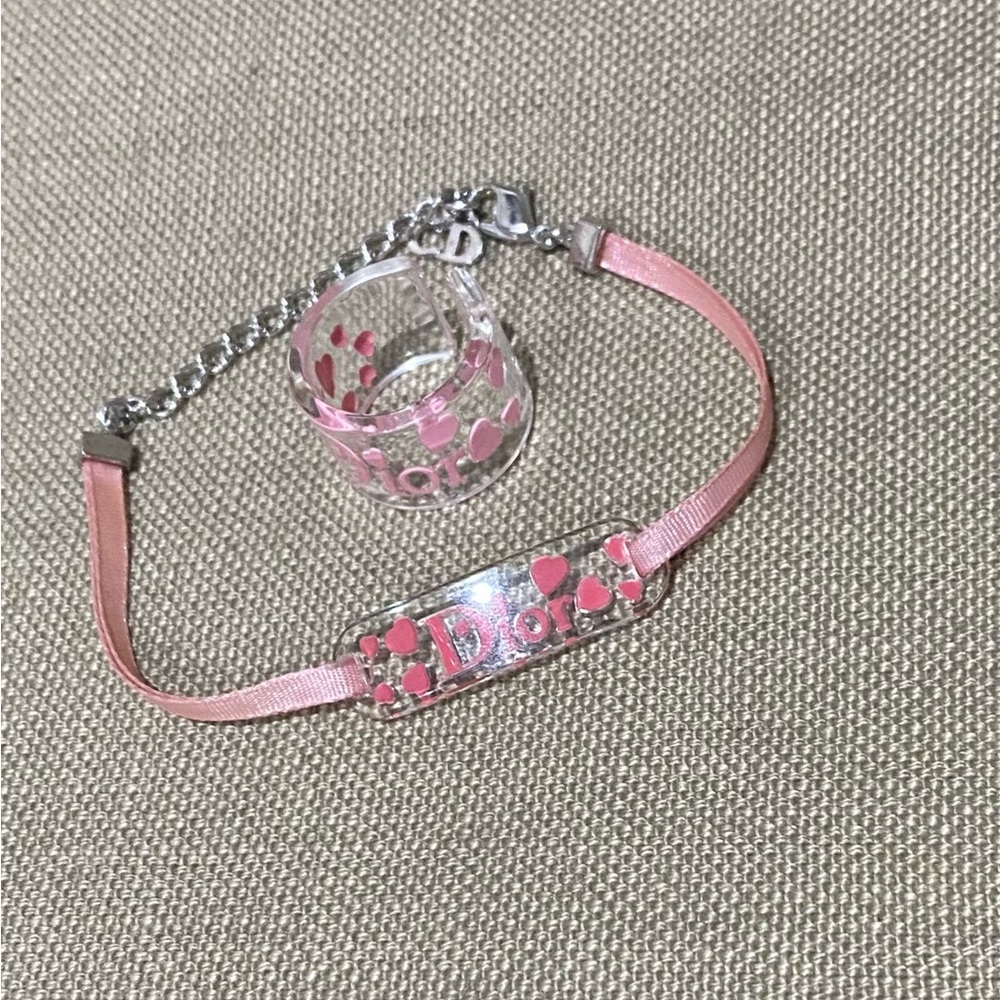 CHRISTIAN DIOR Pink Heart Ring Bracelet Set Ribbon Lucite RARE RARE